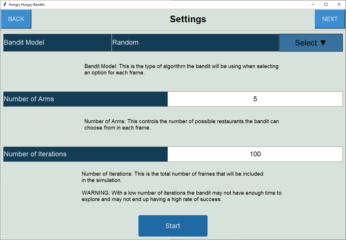 A screen prompting the user to select a multi-armed bandit model, the number of arms and the number of iterations.